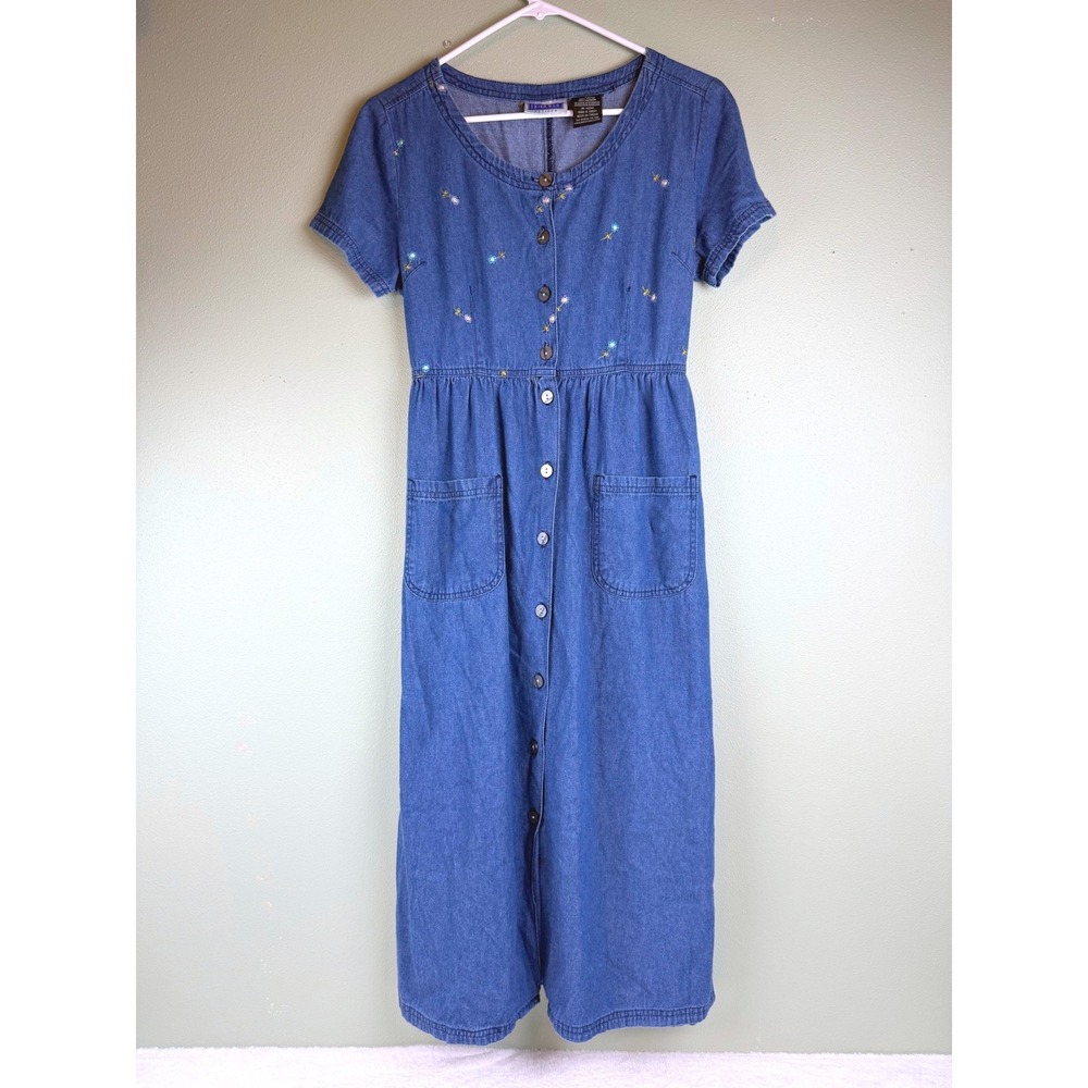 Erika & Co Petites Blue Denim Floral Embroidered Button Front Midi Dress PM